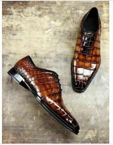 Men Handmade Brown Crocodile Texture Leather Formal Oxford Dress Shoes